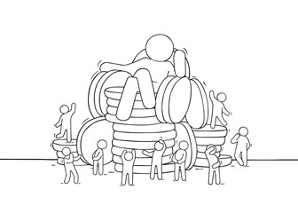 big boss, little people, stack of coins.