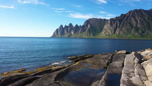 Rock Davil's Jaw. Norway,island Senja.Camera move right to left