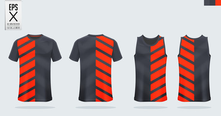 Black-Orange t-shirt sport mockup template design for soccer jersey, football kit, tank top for basketball jersey and running singlet. Sport uniform in front view and back view.  Vector Illustration.