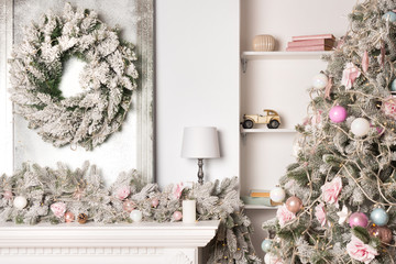 Beautiful holiday decorated room with Christmas tree and presents. New Year decorations, Happy Winter Holidays
