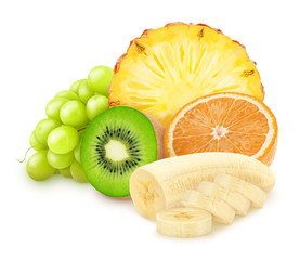 Composition with mix of cutted tropical fruits isolated on a white background with clipping path.