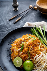 Pad Thai , Thai style noodles , Pad Thai on the table, top view, copy space