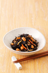 ひじきの煮物　Simmered Hijiki Seaweed and Soybeans, chopped carrot.