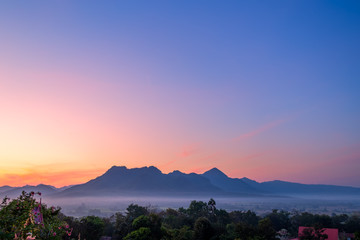 Sunrise with the mist Beautiful landscape for relaxing in thailand