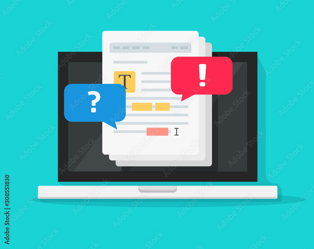 Fototapete Text document editing together on computer vector, flat cartoon laptop with shared file collaborated with highlighted text editor and chat comments notifications, concept of docs online sharing image