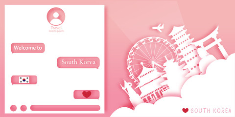 Seoul, South Korea Travel postcard , poster, tour advertising of world famous landmarks in paper cut style.