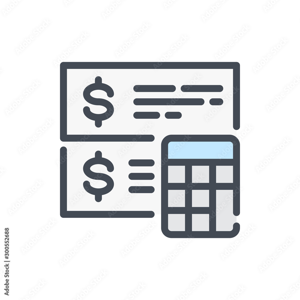 Poster finance calculation color line icon. bill with dollar and calculator vector outline colorful sign.