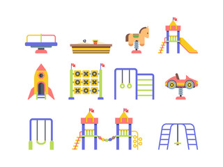 Child playground objects flat vector illustrations set