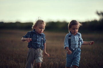 Fototapeta premium Two adorable brothers having fun in the countryside