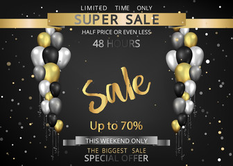 Vector promotion sale flyer, creative golden black and silver decoration,