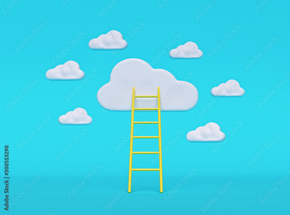 Aufkleber ladder to clouds isolated on blue background. cartoon style minimal concept. 3d rendering