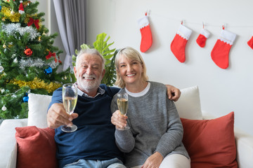 senior elderly caucasian old man and woman holding glass of champagne celebrate together in living...