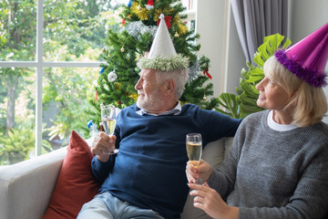 senior elderly caucasian old man and woman holding champagne and looking out window together in living room that decorated with christmas tree for christmas festival day, retirement lifestyle concept