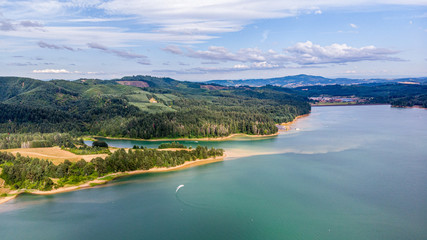 Aerial panoramic view at Henry Hagg Lake - an artificial lake in Washington county, Oregon. Popular place for summer activities