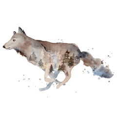Watercolor wolf illustration wild forest animal with double exposure effect