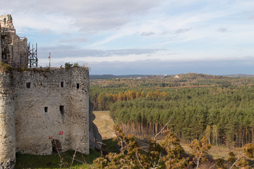 Fototapeta na wymiar The ruins of a medieval European castle against the backdrop of a rocky ridge, blue sky, coniferous forest and green meadows.