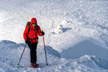 Fototapeta na wymiar Winter sport activity. Woman hiker hiking with backpack and snowshoes snowshoeing on snow trail.