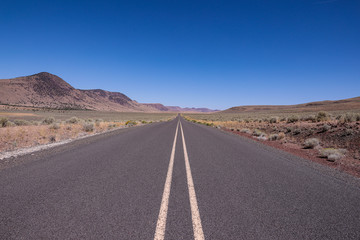 Fototapeta na wymiar Straight asphalt road running between hills into horizon. A road in a high desert of South Oregon