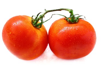 Tomato red color isolated white background, fresh tomato with water drops skin, organic fruit vegetable for cooking in kitchen