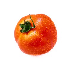 Tomato red color isolated white background, fresh tomato with water drops skin, organic fruit vegetable for cooking in kitchen