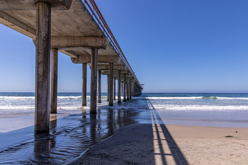 A view on a long pier stretching into the ocean from the side, San Diego, California
