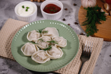 Ravioli on a plate with dill, served with sauce and ketchup. Boiled dumplings on a dish. Tasty dinner. Food. Close-up.