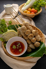 Meatballs on skewers , Grilled Meatballs with Spicy Sauce