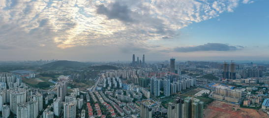 Aerial panoramic view landscape of urban buildings at dusk, Nanning, China