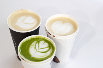 various of tea and coffee cups  top view on a white background