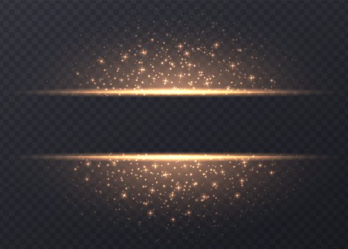 Lines with stars and sparkles isolated on transparent background. Golden luminous background with dust and glares. Glowing vector light effect.