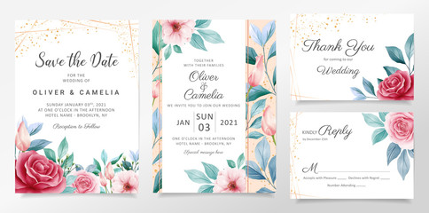 Beautiful watercolor botanic wedding invitation card template set with flowers decoration. Floral illustration background of peach and red botanic for invites, greeting, save the date, poster vector