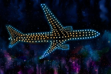 Fototapeta na wymiar Christmas holiday travel vacation concept. Aircraft silhouette from glowed dot lights above skyscrapers of big city at snowing night. Illustration of journey by aviation transport