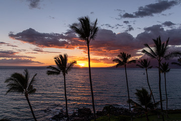 Obraz premium Scenic sunset from a roof of a building at Kamaoke II beach, Kihei, Maui, Hawaii. A colorful sunset of yellow and orange colors with tall palm trees and clouds