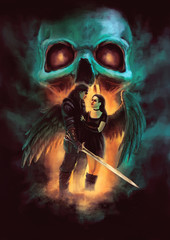 fantasy scene - standing man with sword and young woman with wings, fiery glow and skull in background - original illustration of fictional characters © Roman