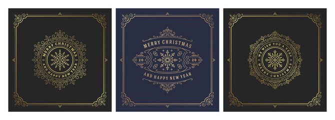 Christmas square banners vintage typographic design, ornate decorations symbols vector illustration