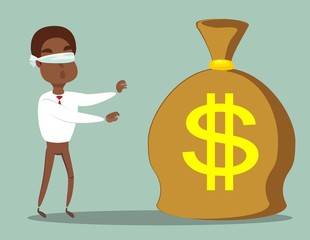 Cartoon blind black african american businessmen is can not find money lying on the ground. Vector illustration on finding easy money and get-rich-quick concept.
