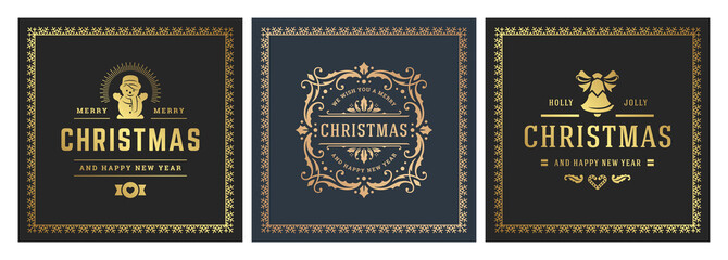 Christmas square banners vintage typographic design, ornate decorations symbols vector illustration