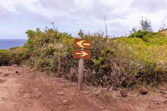 A sign with two arrows pointed left and right at a fork of Ohai trail, Maui, Hawaii