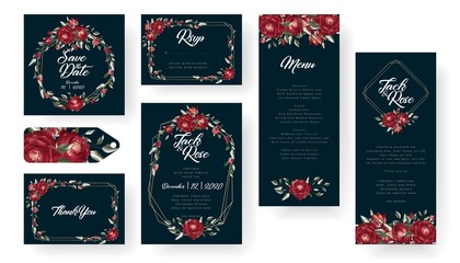 Burgundy Wedding Invitation Card, with decorative floral bouquet and marsala  arrangments