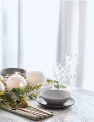Festive background in Scandinavian style. Nordic tableware design for Christmas and New Year celebration.