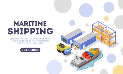 Maritime delivery landing page template. Shipping, logistic, distribution, export, transportation concept for web. Main stages of goods storage and carriage. Vector isometric. Place for text. © Yuliia Pavla