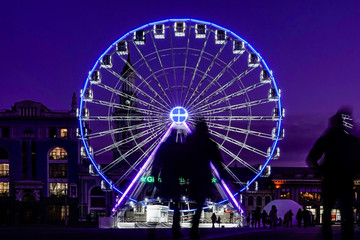 Kiev, Ukraine A ferris wheel at night in the Podil section of town.