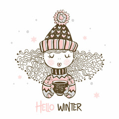 Cute girl in a knitted hat and mittens drinking hot coffee. Vector. Hello winter