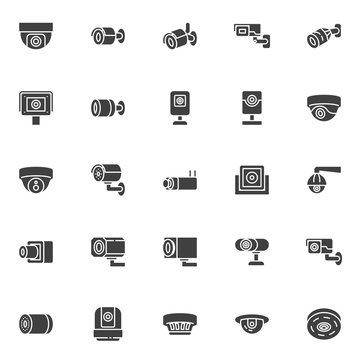 CCTV camera vector icons set, modern solid symbol collection, filled style pictogram pack. Signs, logo illustration. Set includes icons as security camera control, webcam, spy cam, dome surveillance