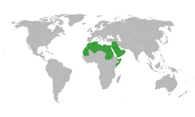Arab world political map highlighted in green color vector