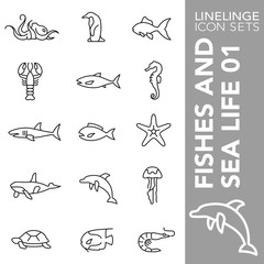 Thin line Icon set of Fishes and Sea Life 01. Linelinge are the best pictogram pack unique design for all dimensions and devices. Vector graphic, symbol, logo and website content.