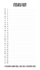 Monthly printable organizer grid with lettering month name and motivation phrase for February 2020