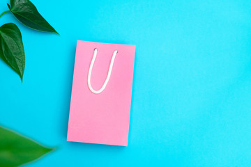 Shopping and sale concept. Pink paper bag on bright blue background with green leaves.