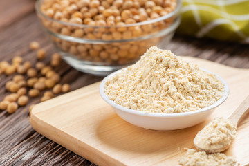 Product of soy flour in bowl with soybean, Kinako flour.