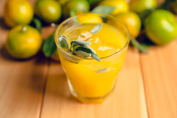 Sweet old-fashioned cocktail with orange and sage. Selective focus. Shallow depth of field.